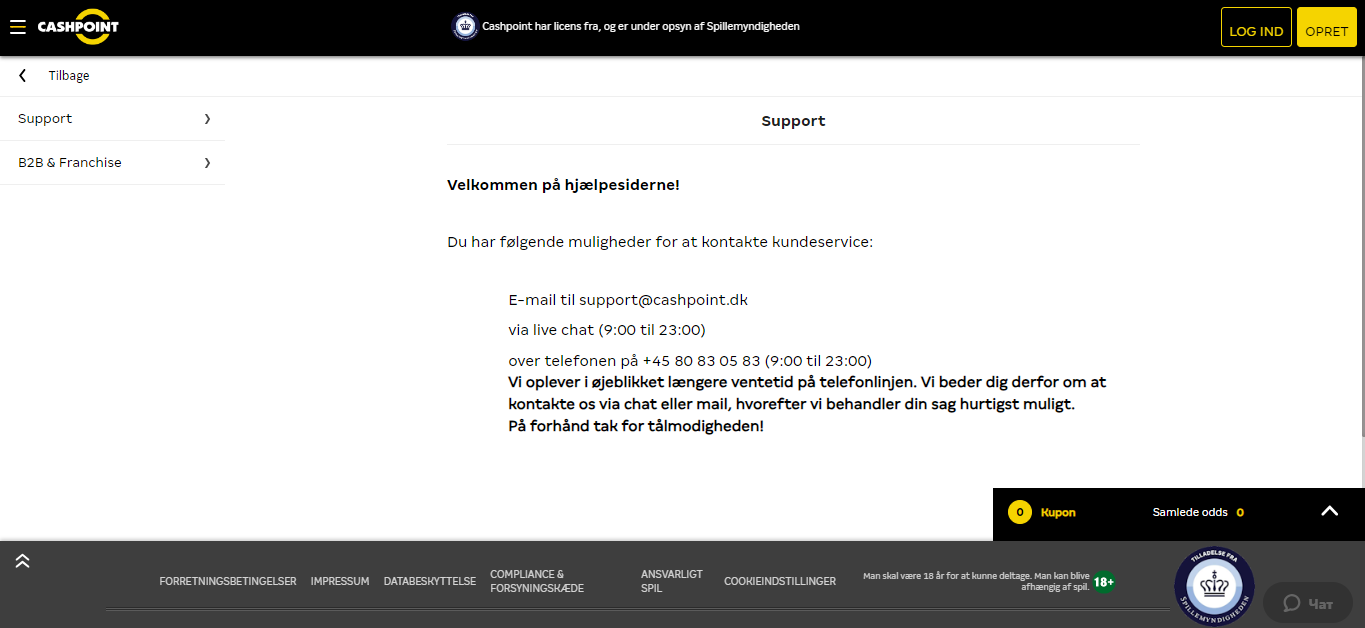 Cashpoint Support, betbrothers.dk