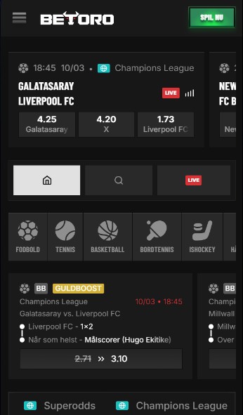 Hovedside for sportsvæddemål i Betoro Danmark Mobilversion